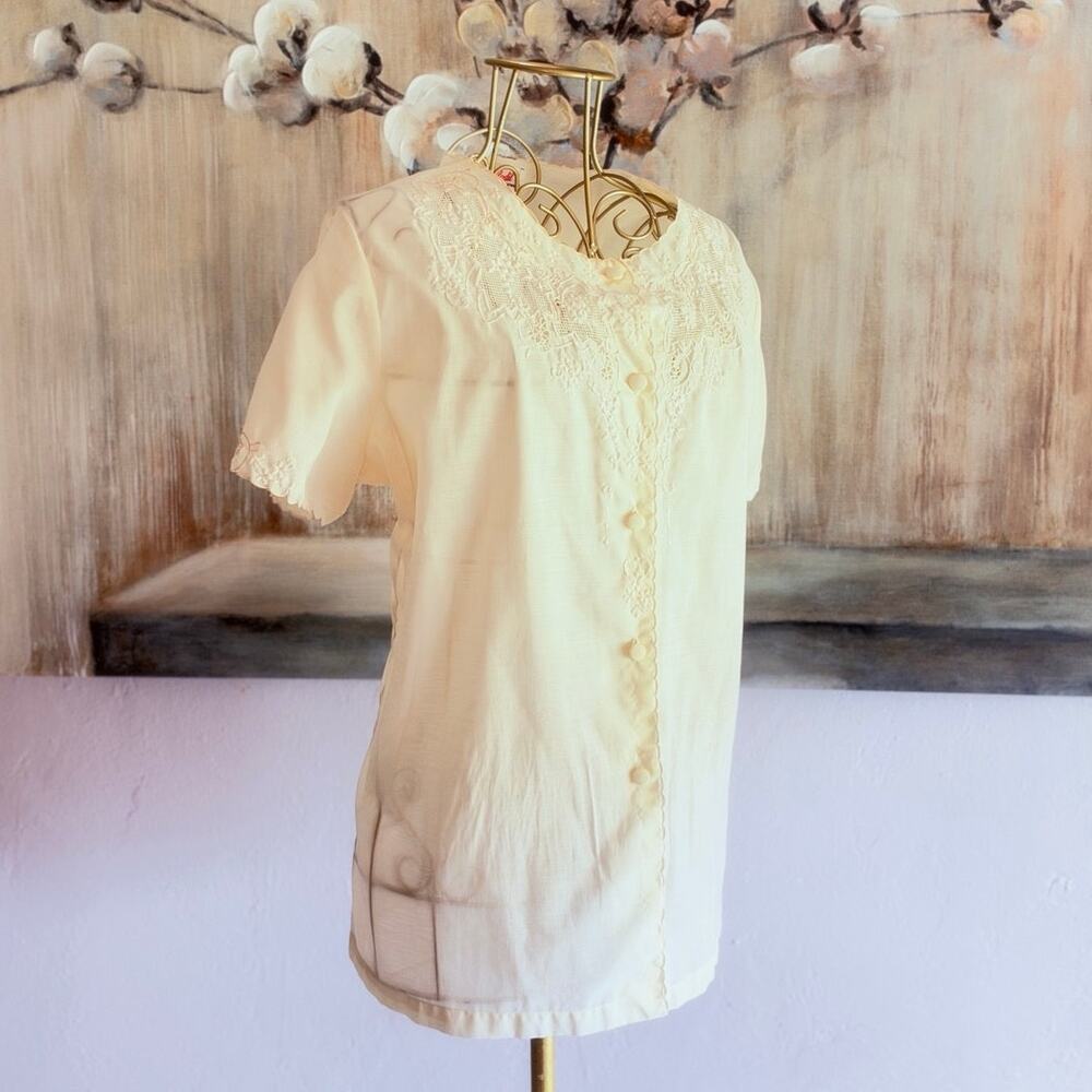 Daffodil Ivory Hand Embroidered Lace Blouse XL Cottagecore Romantic